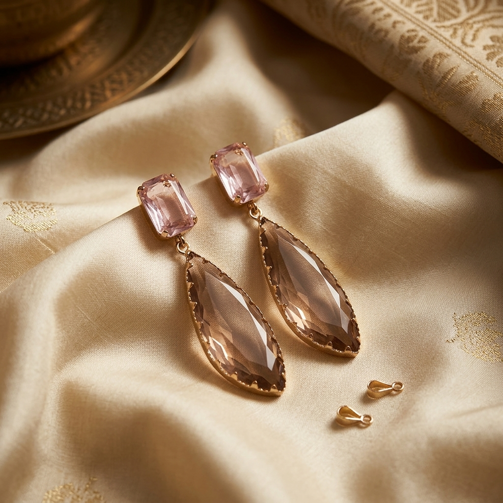 Blush peach morganite marquise faceted crystal drop earrings in gold - View 5