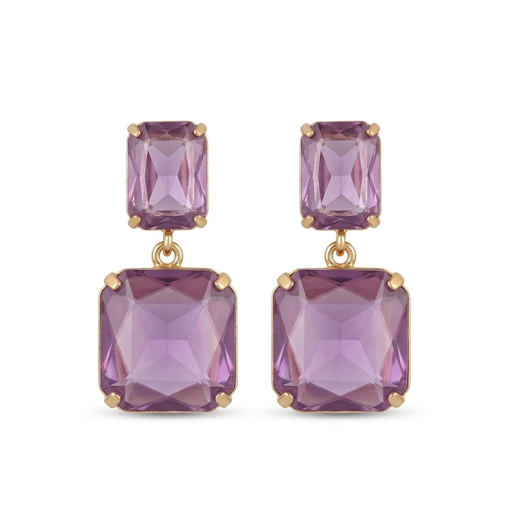 Lavender lilac amethyst two-tier emerald-cut crystal drop earrings in gold on pure white background
