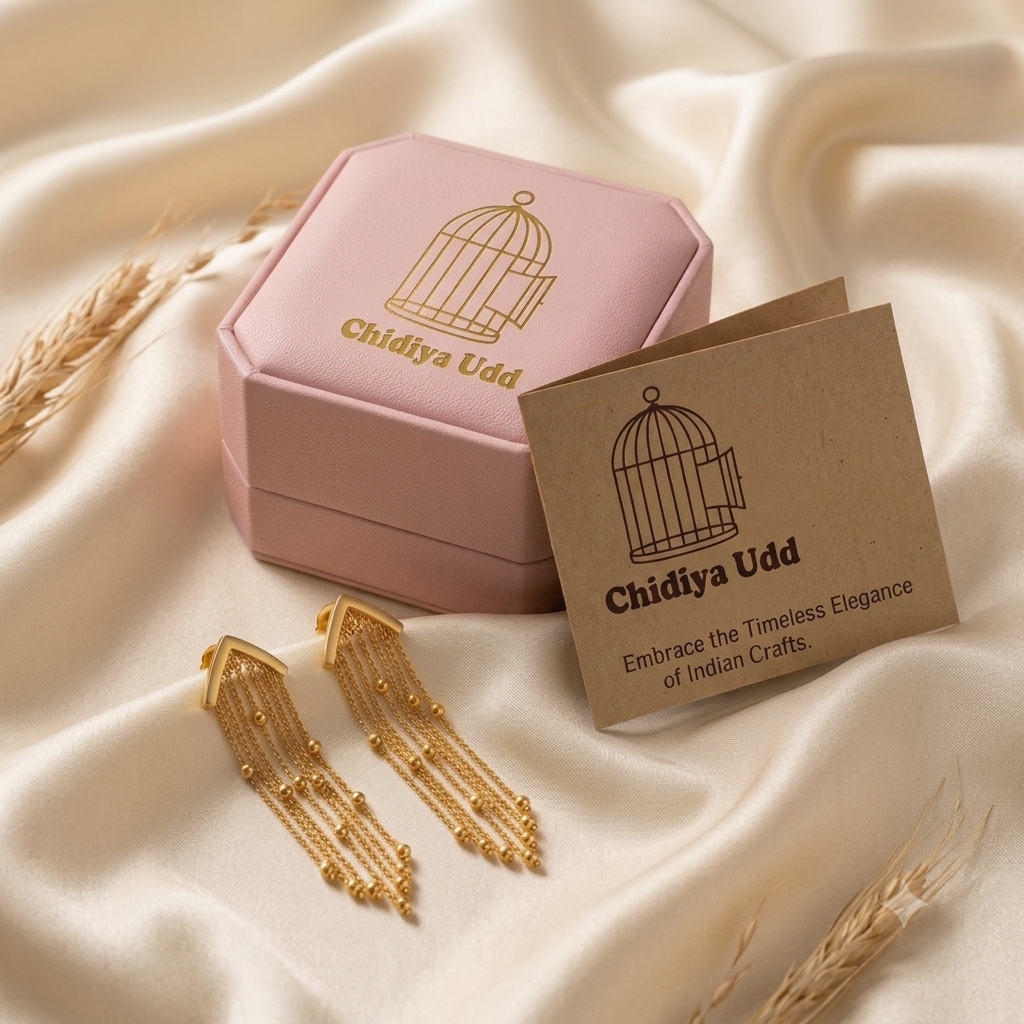 18K gold chevron waterfall tassel fringe drop earrings with luxury Chidiya Udd packaging box and card
