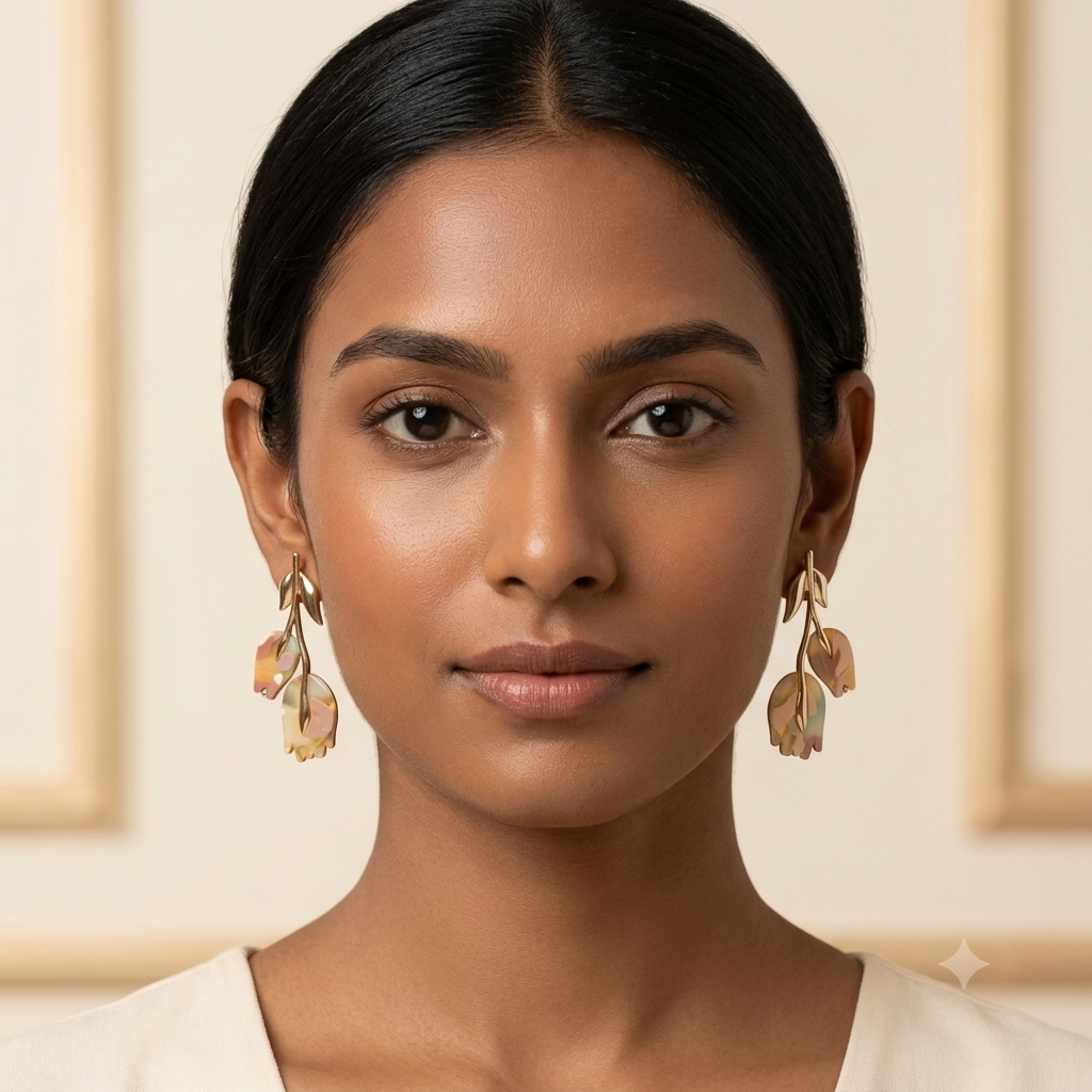 Botanical tulip marbled pastel resin drop earrings in gold on model - portrait view