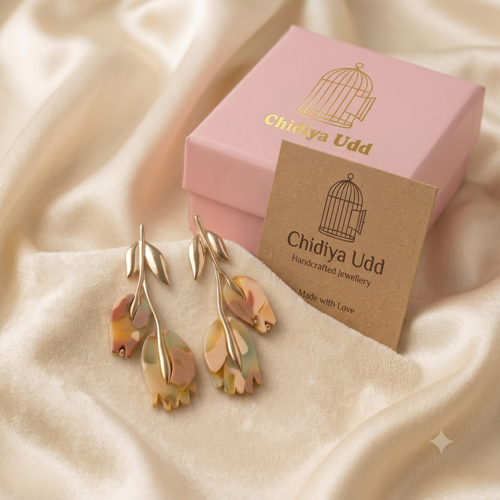 Botanical tulip marbled pastel resin drop earrings in gold with luxury Chidiya Udd packaging box and card