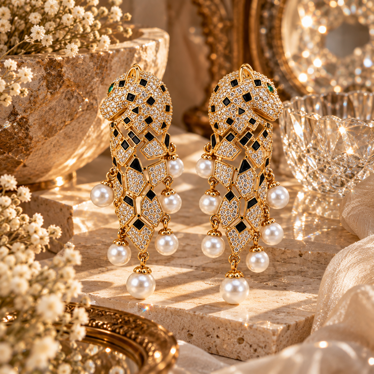 Panthère pavé crystal and pearl chandelier drop earrings - View 4