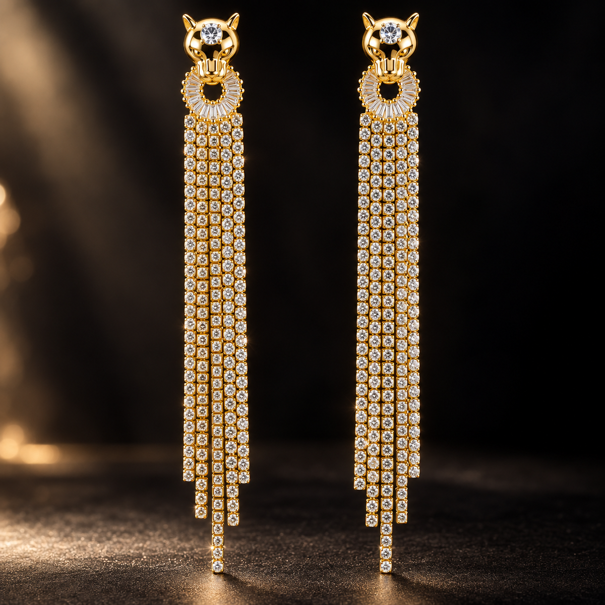 Panthère gold tassel earrings with cascading crystal fringe - View 4