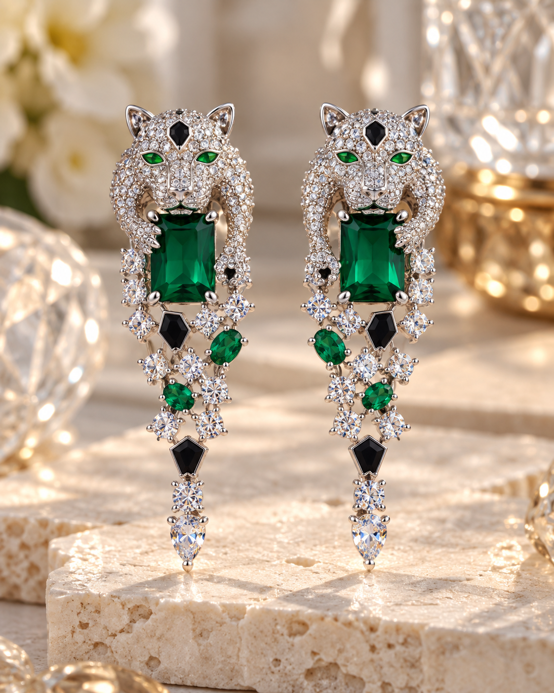 Panthère silver drop earrings with emerald cut green crystal - View 4