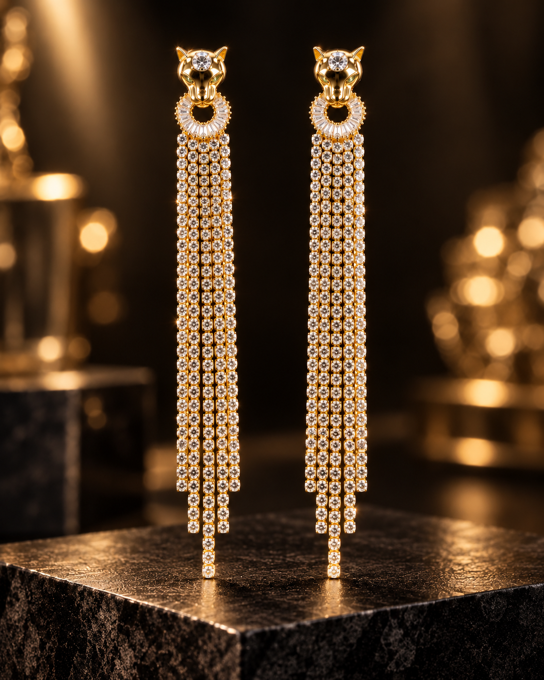 Panthère gold tassel earrings with cascading crystal fringe - View 5