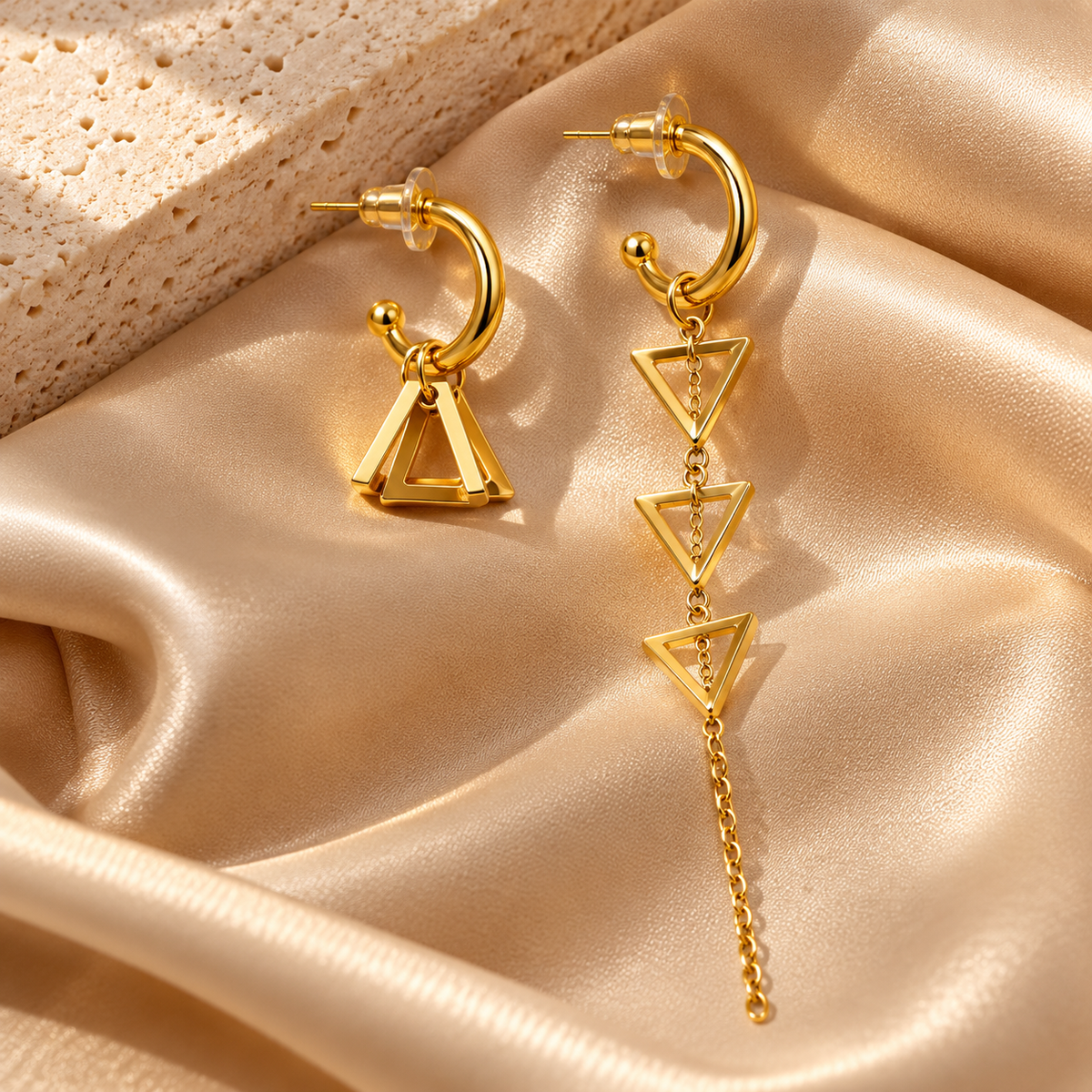 Asymmetric geometric triangle cascade drop and hoop earrings in gold - View 3
