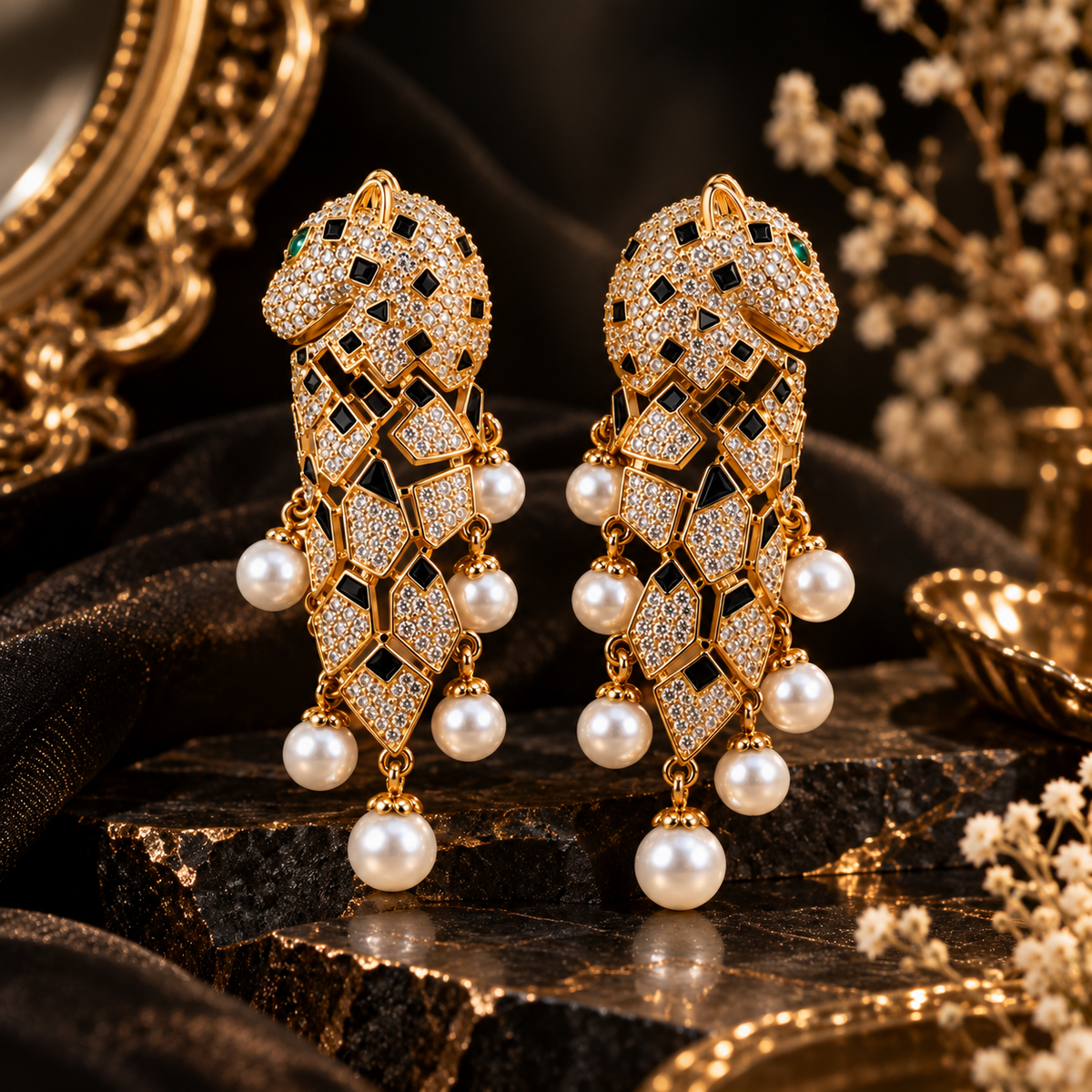 Panthère pavé crystal and pearl chandelier drop earrings - View 6