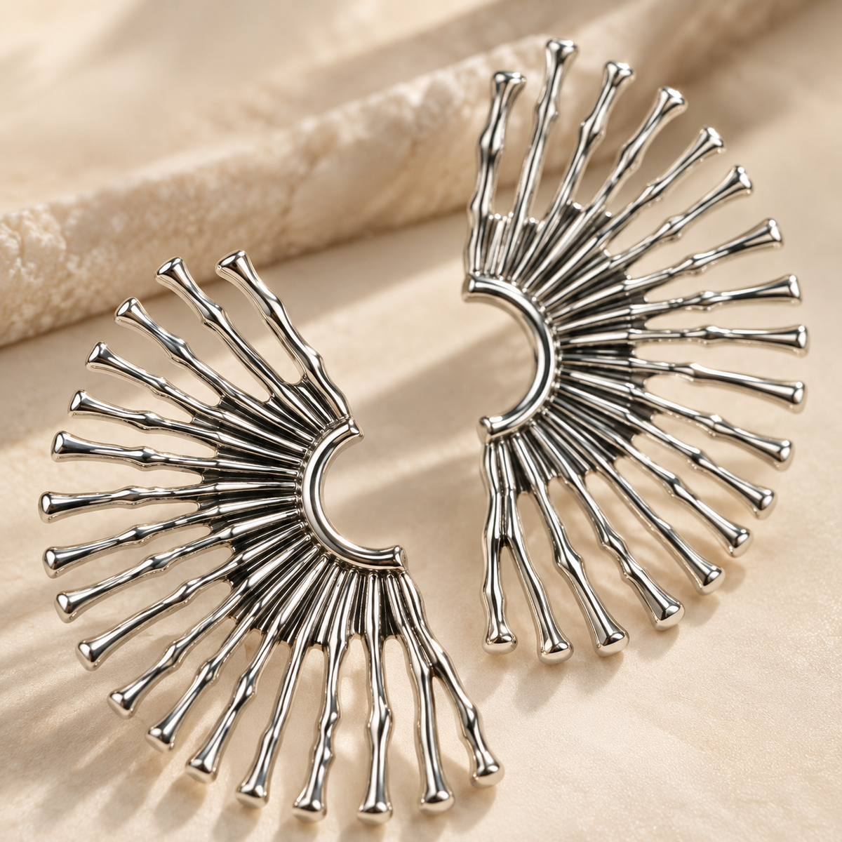 Avant-garde sunburst spike ear cuffs in polished silver finish - View 2