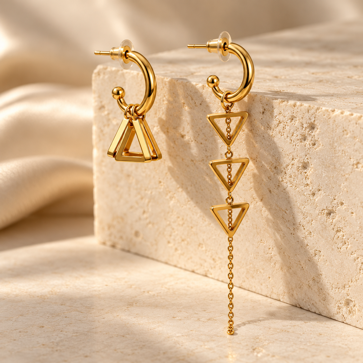 Asymmetric geometric triangle cascade drop and hoop earrings in gold - View 2