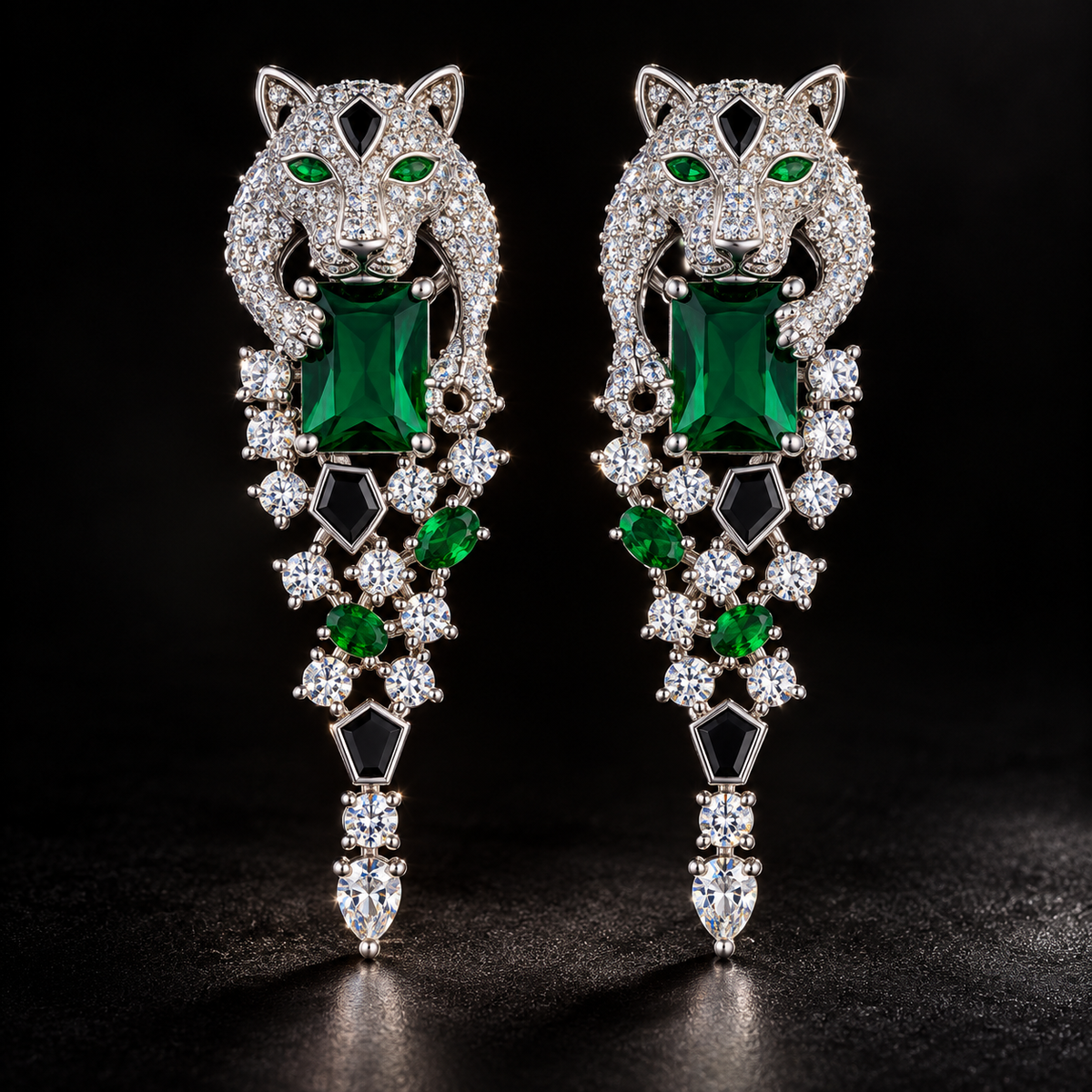 Panthère silver drop earrings with emerald cut green crystal - View 7