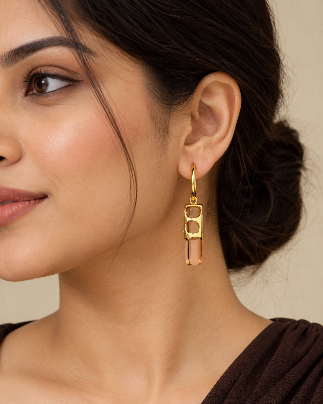 Modernist peach crystal prism drop earrings in gold cutout frame - View 5