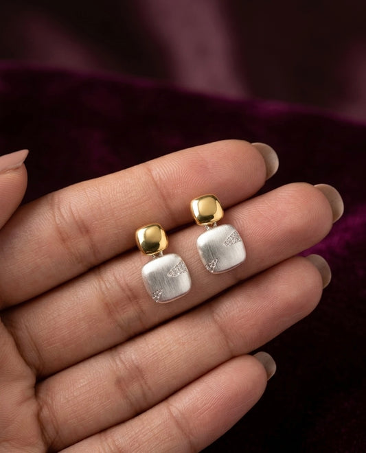 Two-Tone Pavé Square Drop Earrings – Gold & Silver — Photo 2