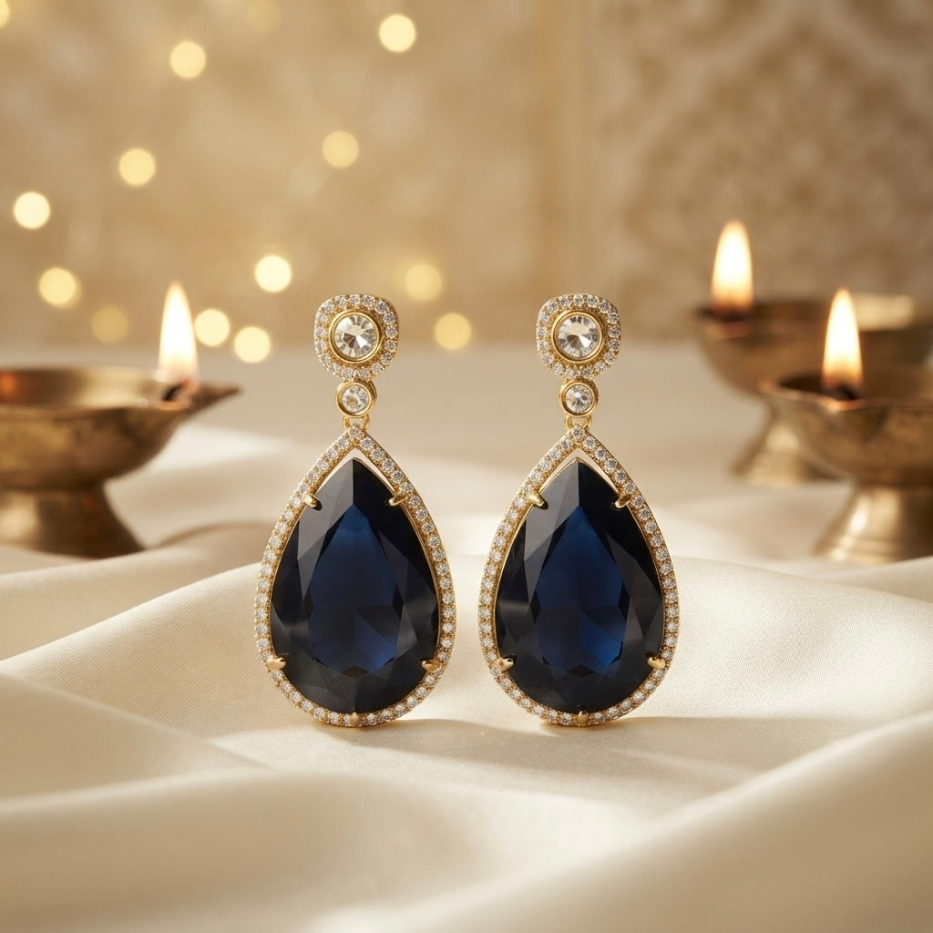 Midnight Sapphire Teardrop Earrings – Crystal Halo Drop — Photo 5