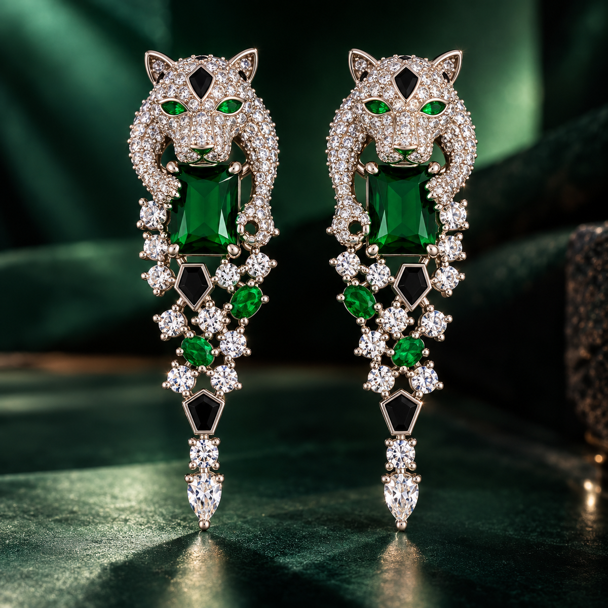 Panthère silver drop earrings with emerald cut green crystal - View 6