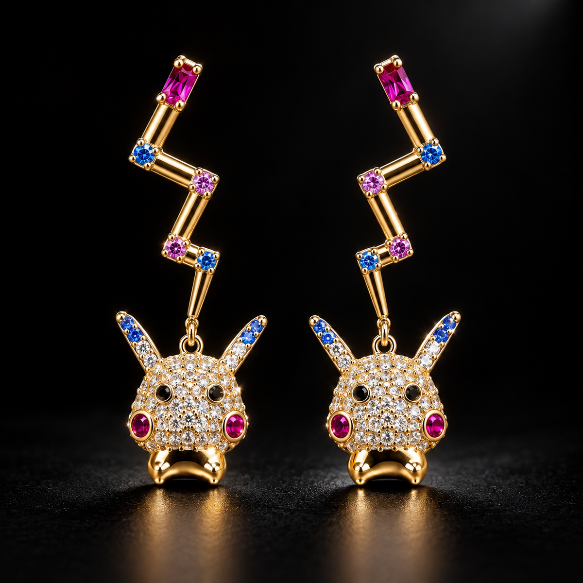 Pikachu Crystal Pavé & Lightning Bolt Drop Earrings – Gold