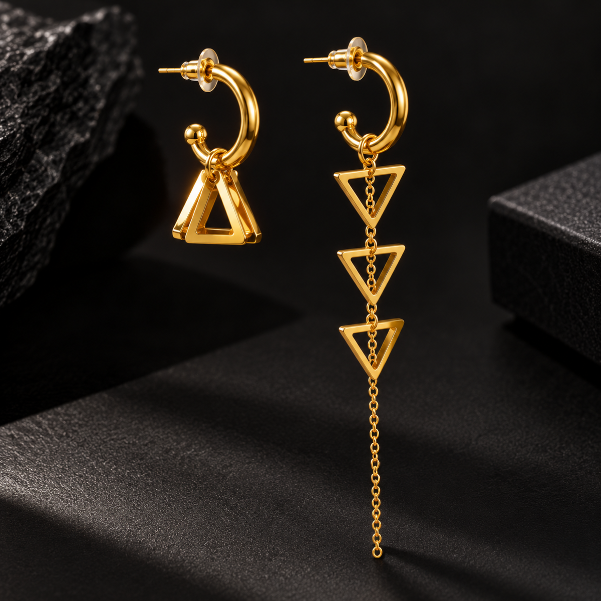 Asymmetric geometric triangle cascade drop and hoop earrings in gold - View 5