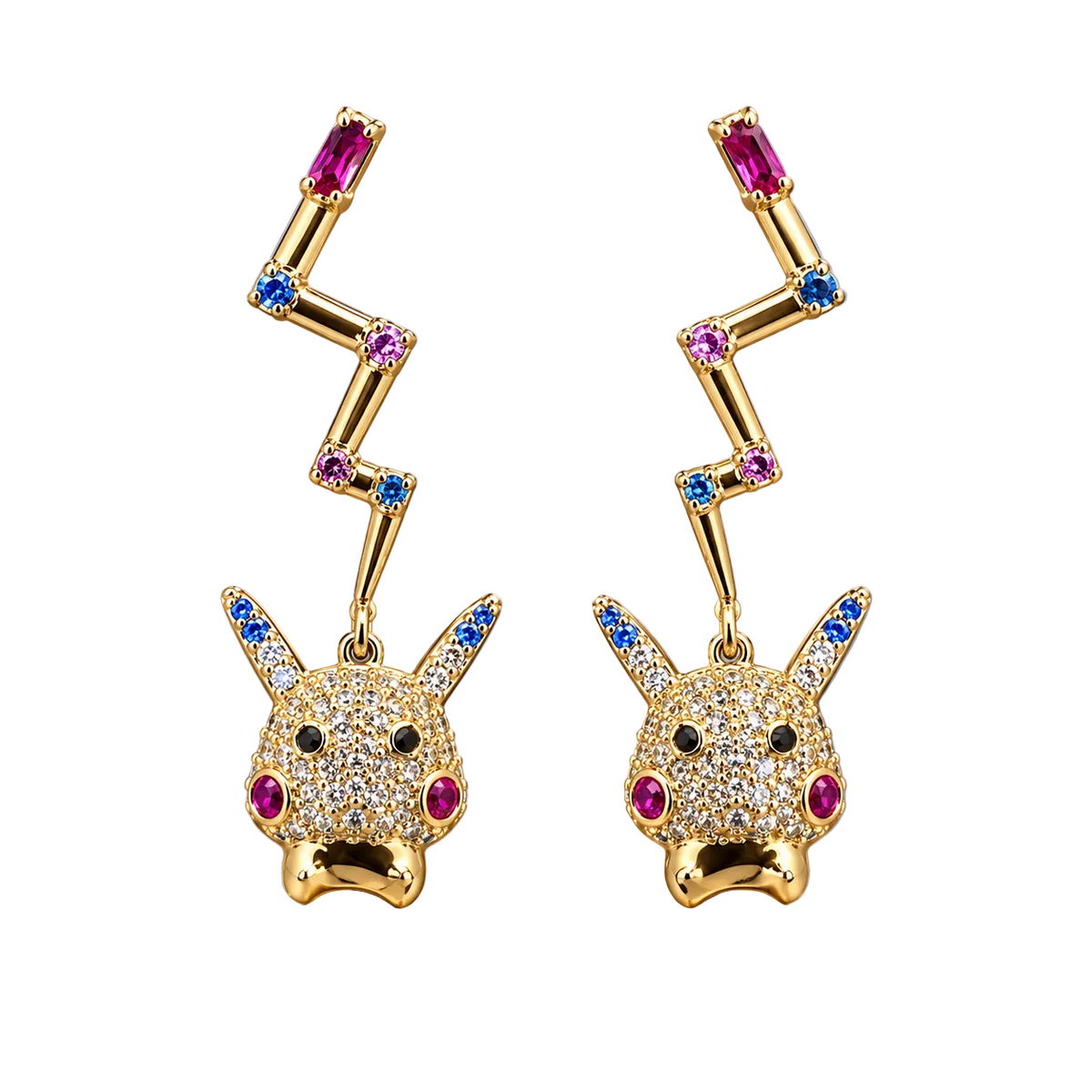Pikachu Crystal Pavé & Lightning Bolt Drop Earrings – Gold