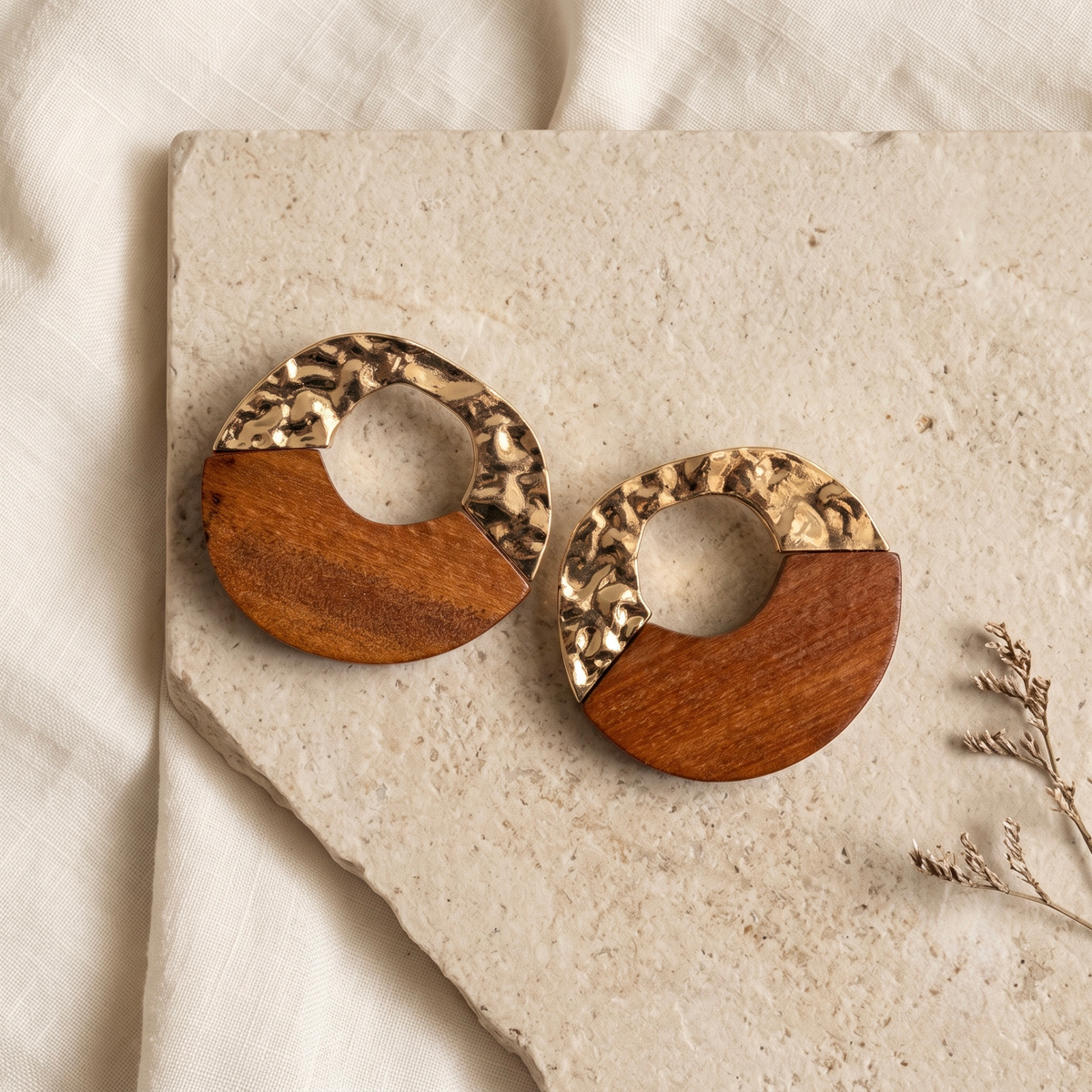 Hammered gold and natural teak wood circular statement earrings - View 3
