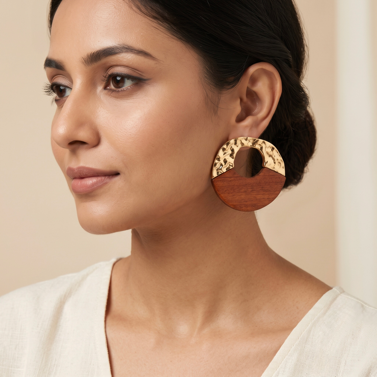 Hammered gold and natural teak wood circular statement earrings - View 6