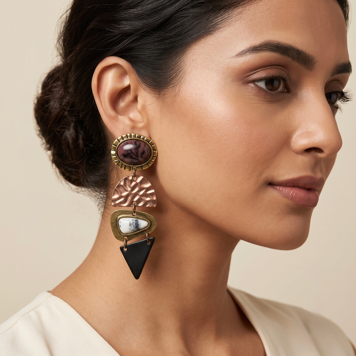 Boho four-tier marbled stone and geometric mixed-metal statement earrings - View 6