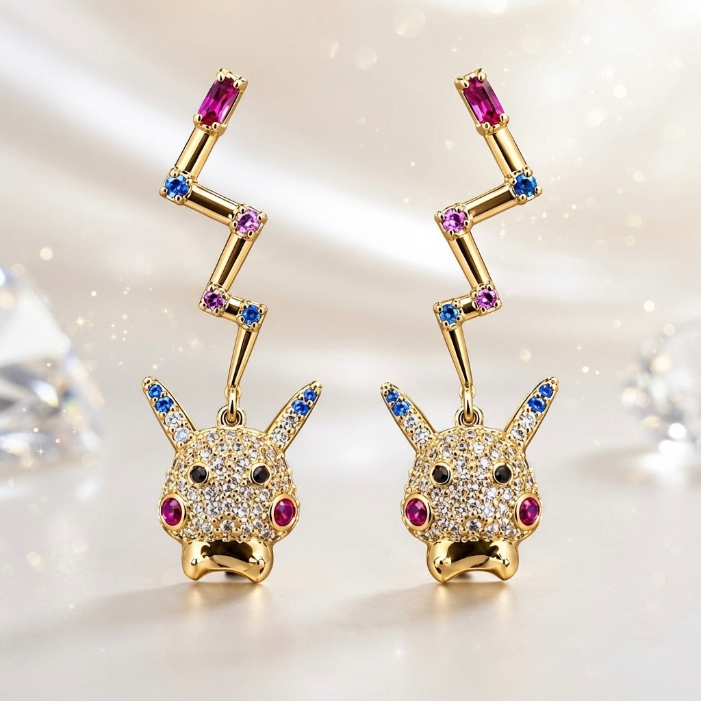 Pikachu Crystal Pavé & Lightning Bolt Drop Earrings – Gold