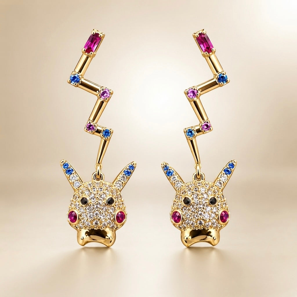 Pikachu Crystal Pavé & Lightning Bolt Drop Earrings – Gold