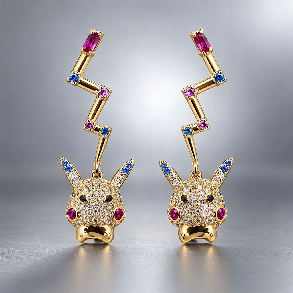 Pikachu Crystal Pavé & Lightning Bolt Drop Earrings – Gold