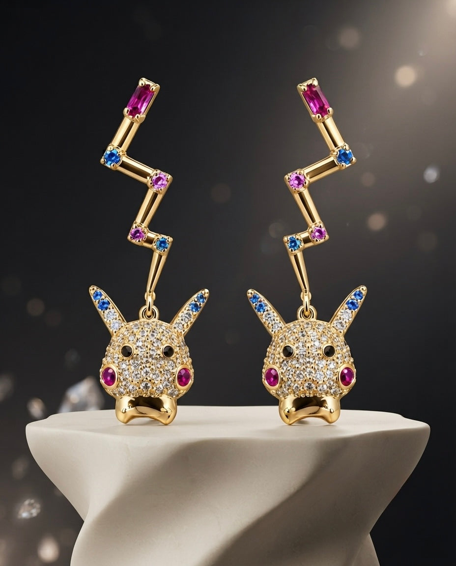Pikachu Crystal Pavé & Lightning Bolt Drop Earrings – Gold