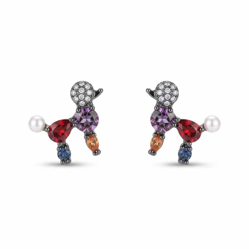 Playful Poodle Multicolor Crystal & Pearl Stud Earrings – Gunmetal