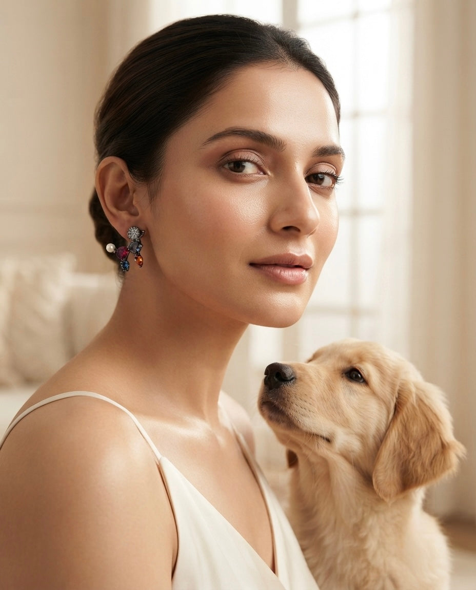 Playful Poodle Multicolor Crystal & Pearl Stud Earrings – Gunmetal