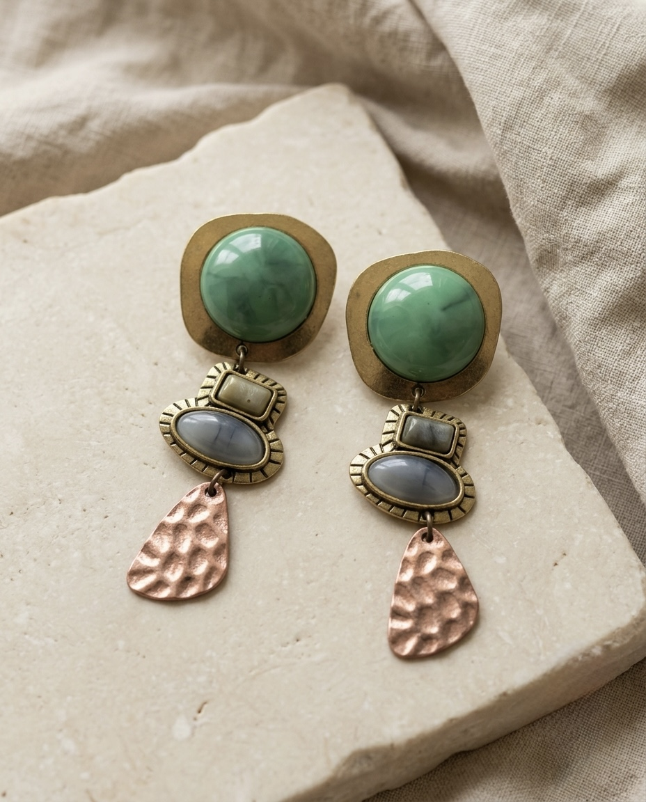 Artisanal three-tier jade and hammered copper mixed-metal drop earrings - View 5