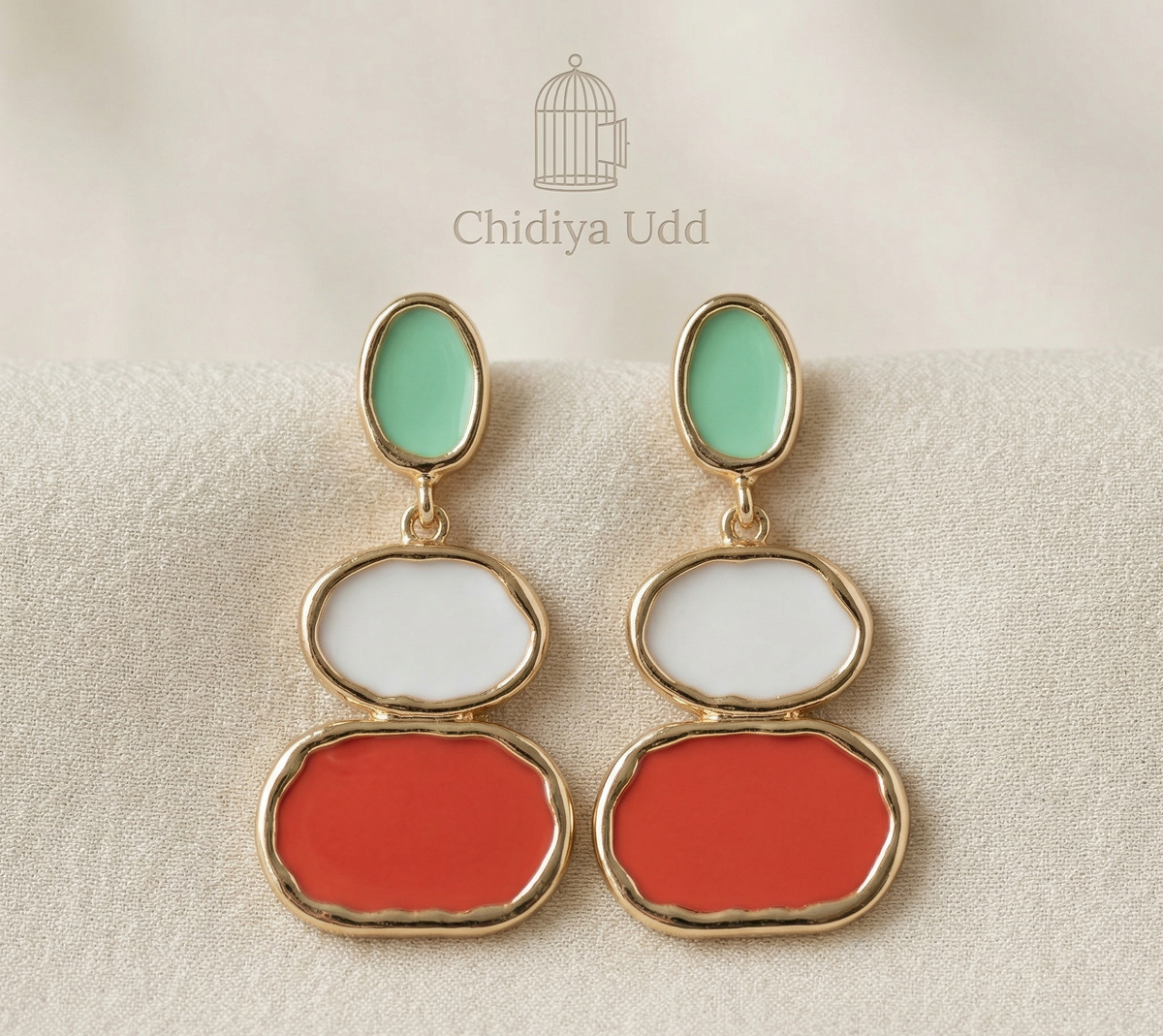 Mint & Coral Triple-Panel Drop Earrings – Gold — Photo 6