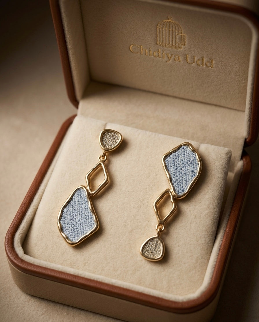 Blue Textured Geometric Drop Earrings – Gold — Photo 6
