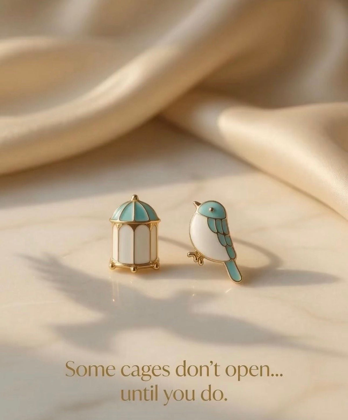 Mismatched birdcage and bird enamel stud earrings
