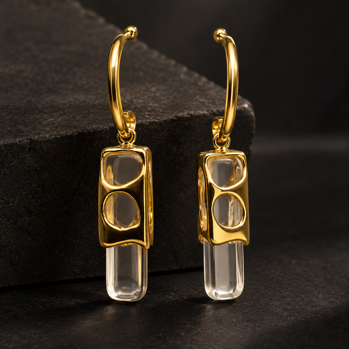 Modernist clear crystal prism drop earrings in gold cutout frame - View 5