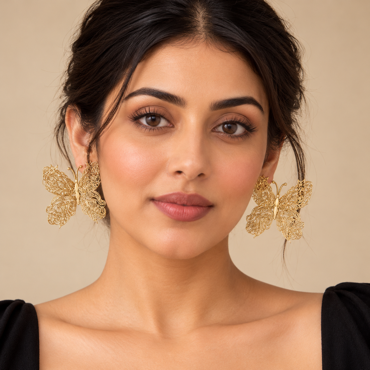 Ethereal filigree butterfly wing gold statement earrings - View 3