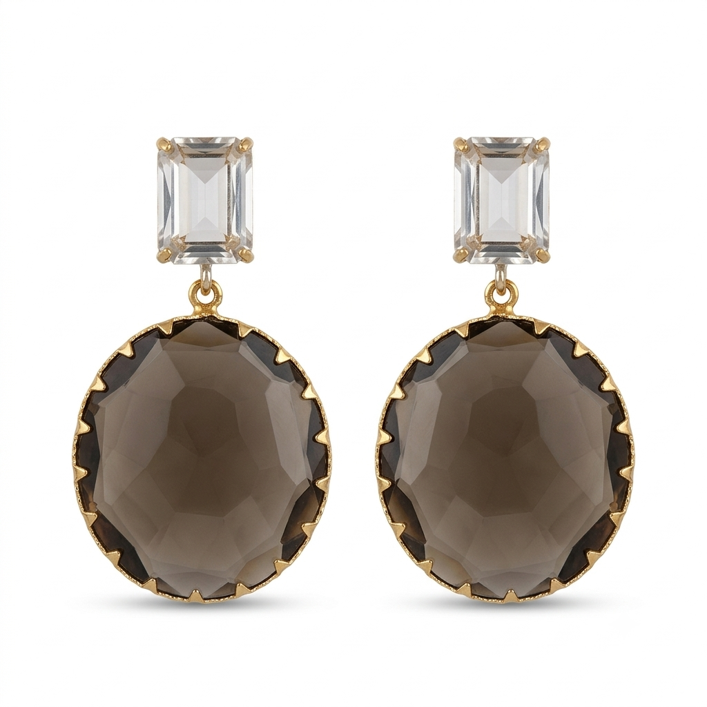 Smoky quartz and clear baguette faceted crystal drop earrings in gold on pure white background