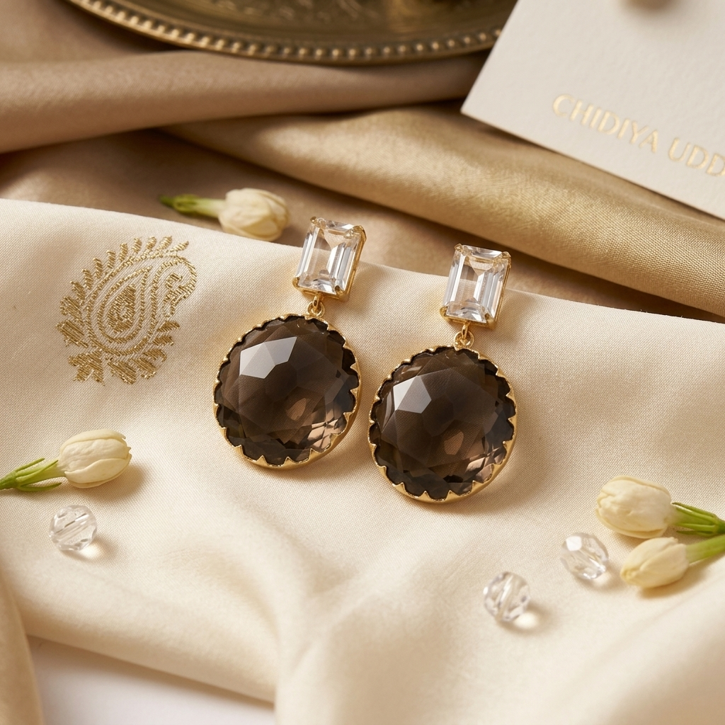 Smoky quartz and clear baguette faceted crystal drop earrings in gold - View 4
