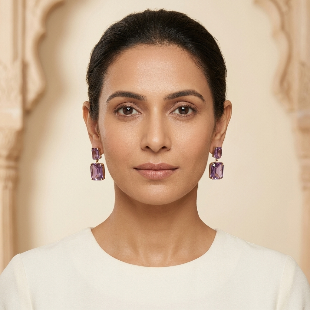 Lavender lilac amethyst two-tier emerald-cut crystal drop earrings in gold - View 2