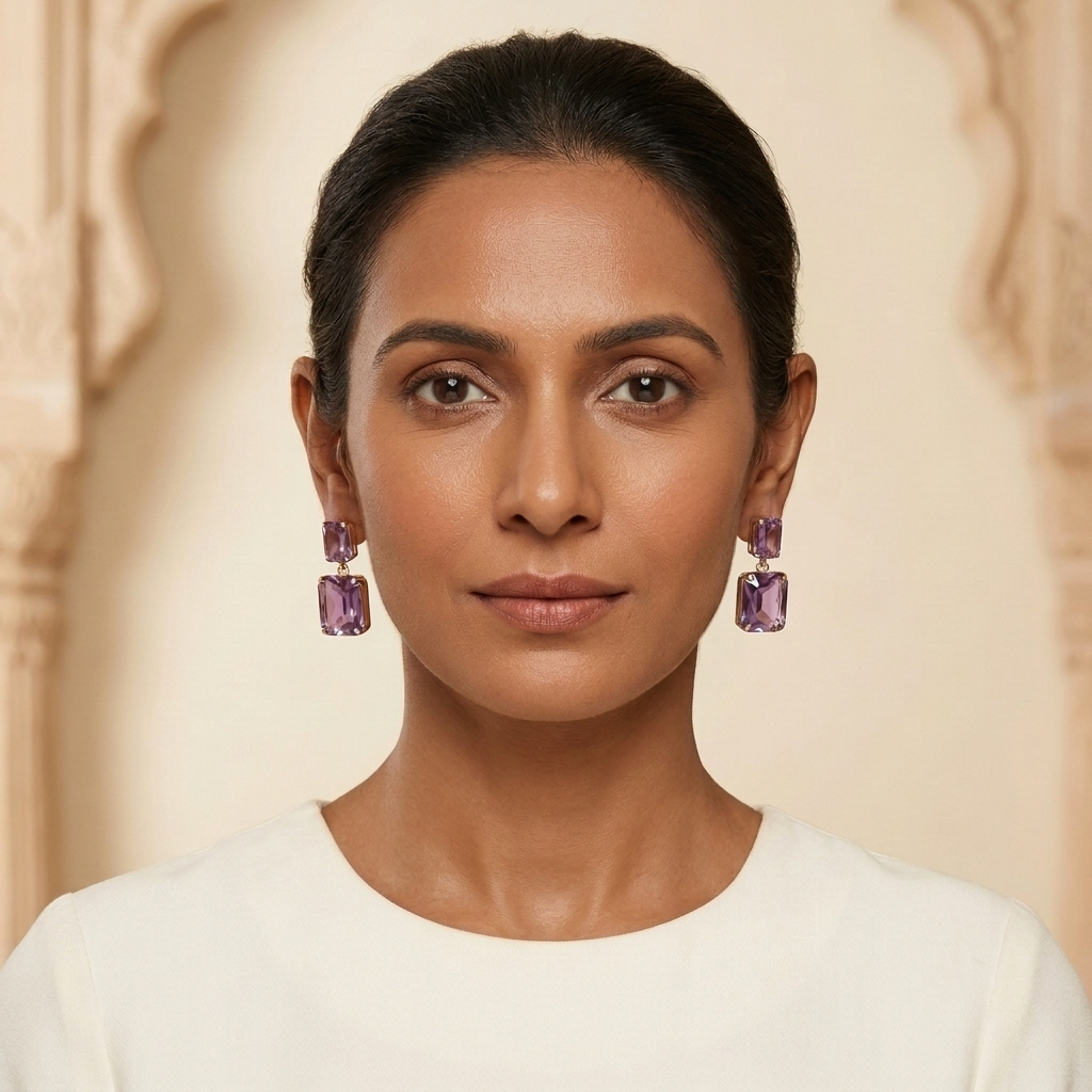 Lavender lilac amethyst two-tier emerald-cut crystal drop earrings in gold - View 3