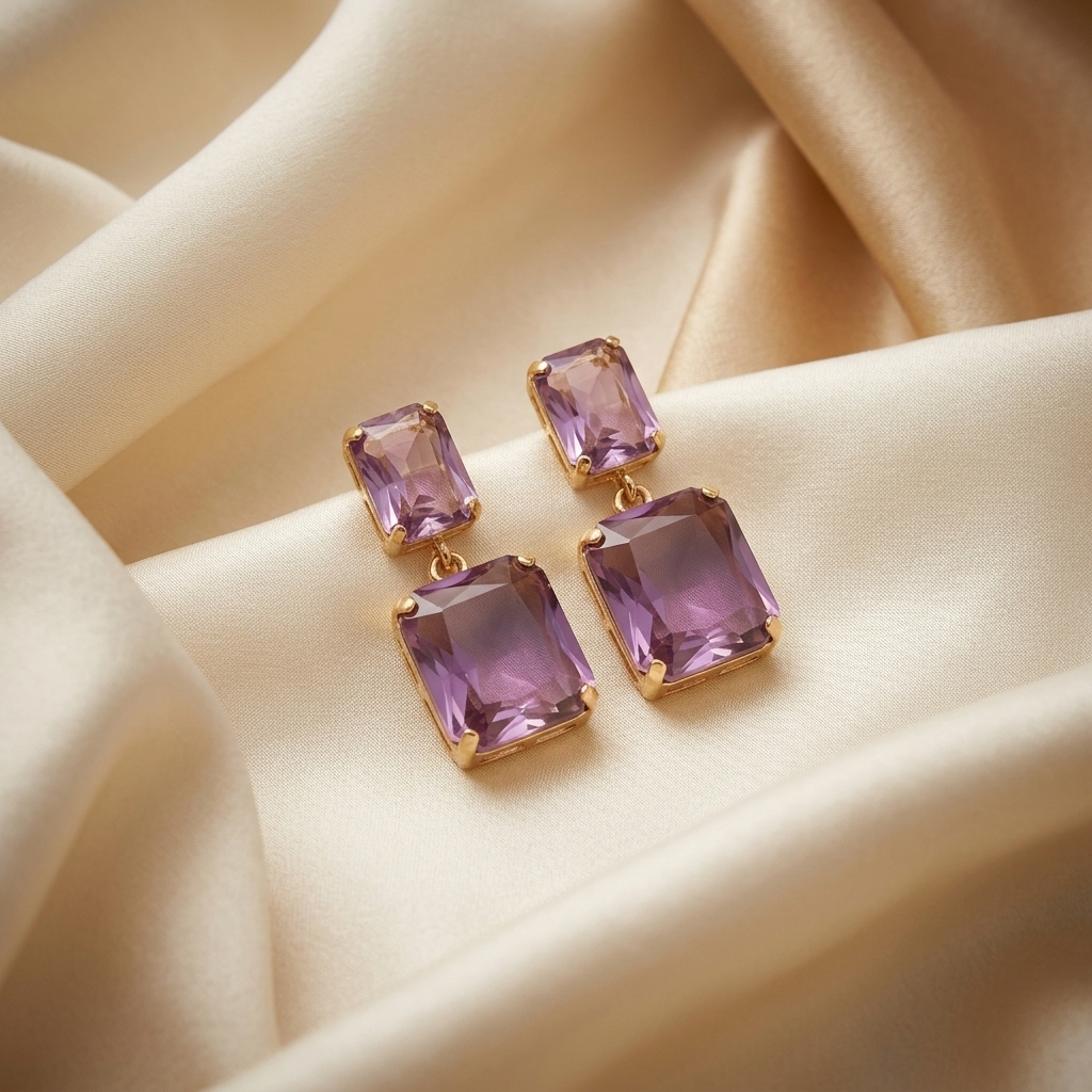 Lavender lilac amethyst two-tier emerald-cut crystal drop earrings in gold - View 4
