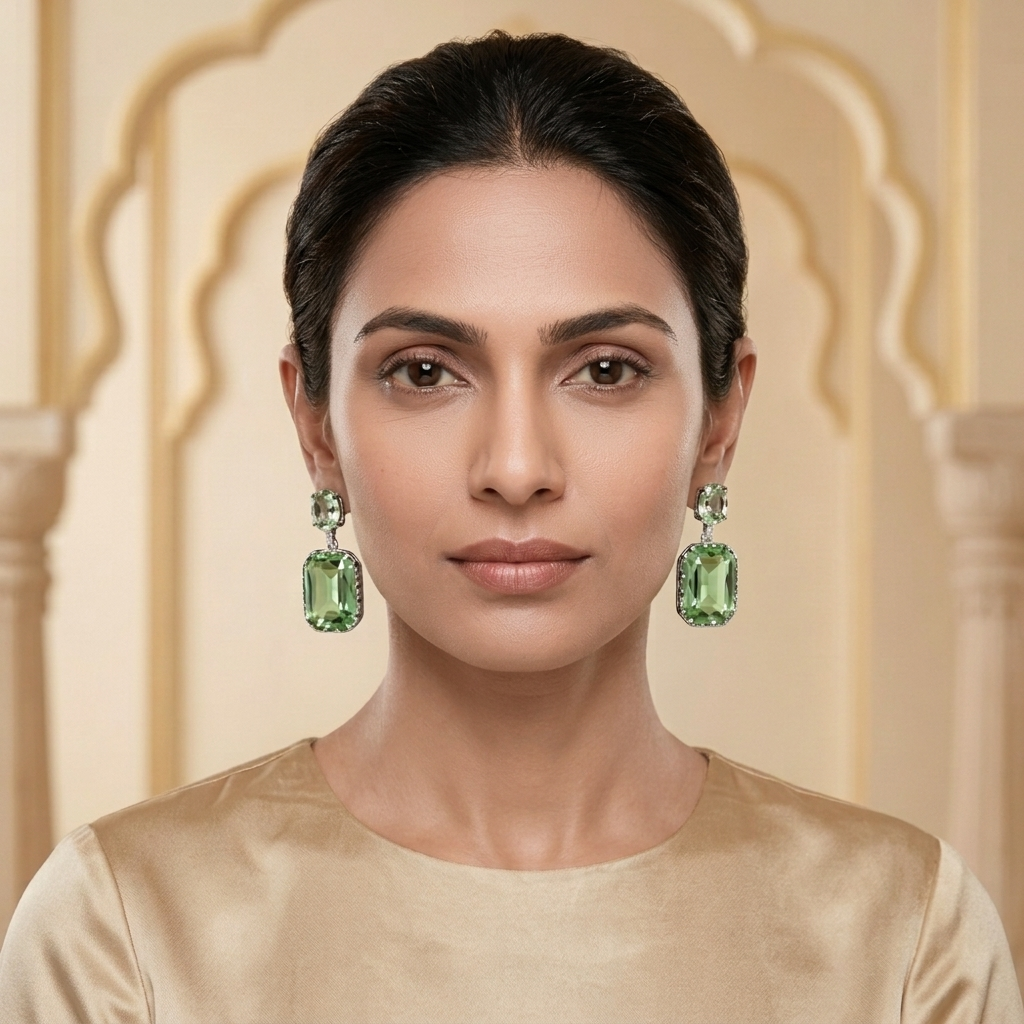 Mint green and peridot emerald-cut faceted crystal drop earrings - View 4