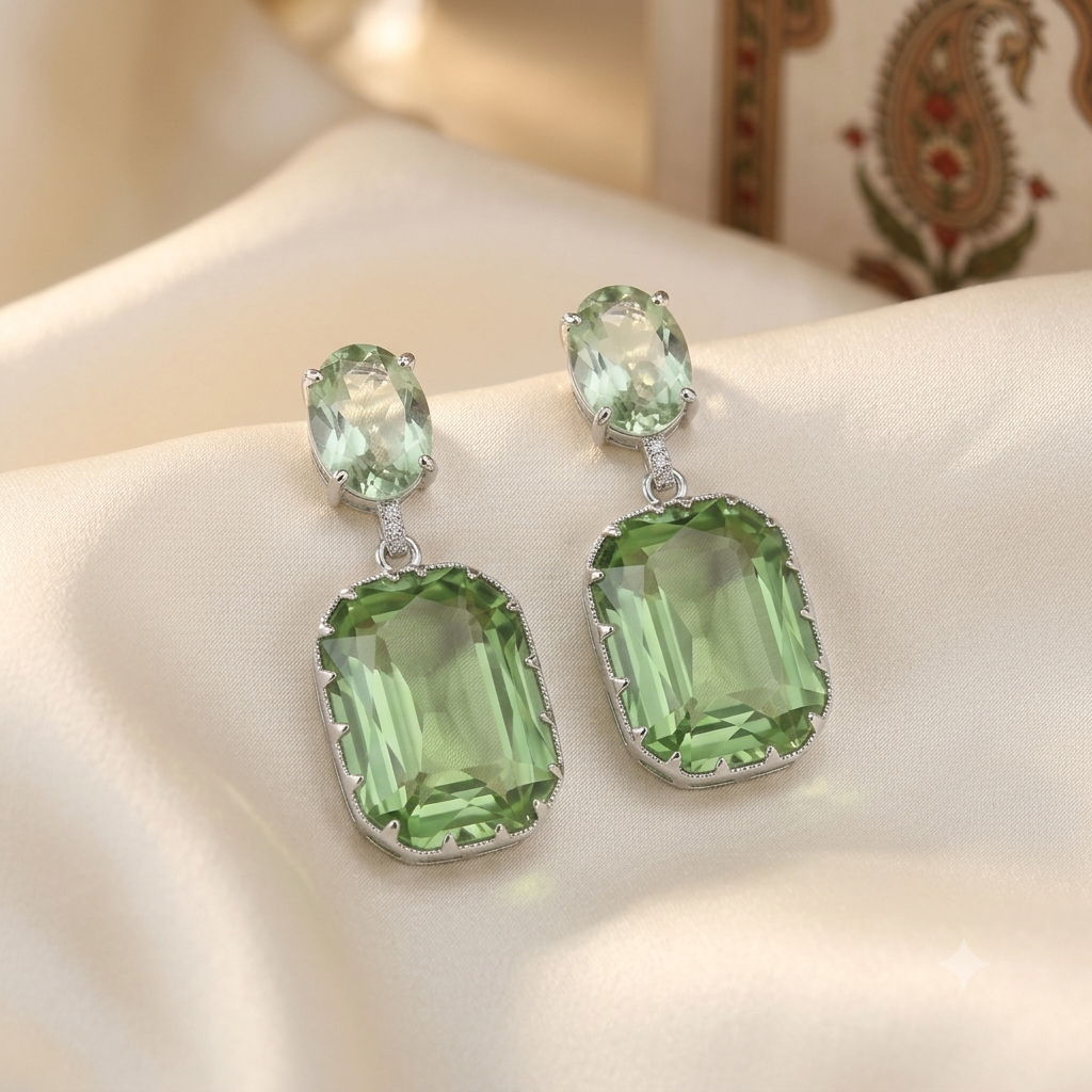Mint green and peridot emerald-cut faceted crystal drop earrings - View 2
