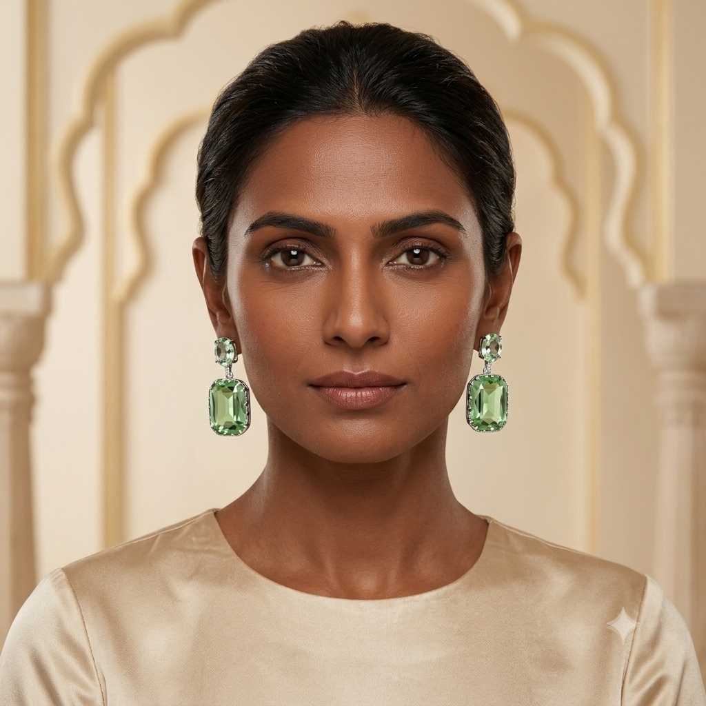Mint green and peridot emerald-cut faceted crystal drop earrings - View 3