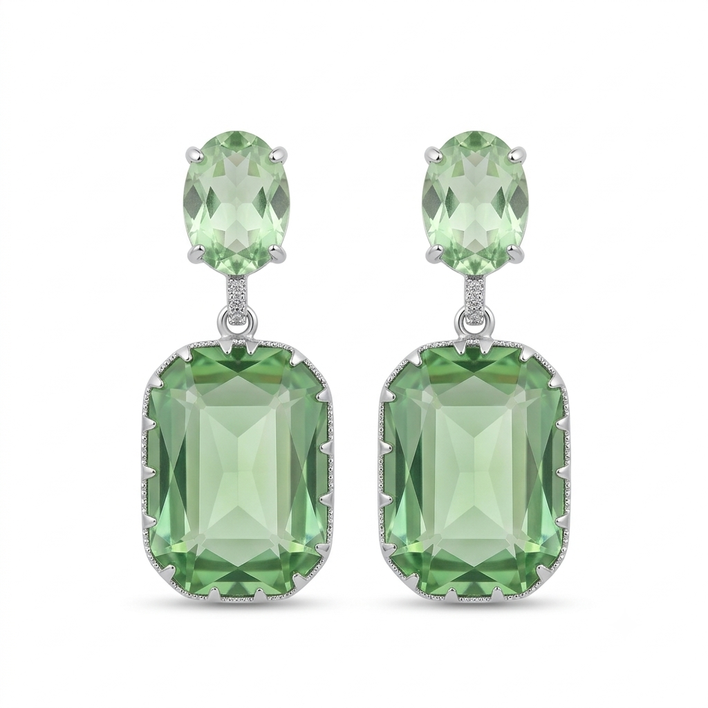 Mint green and peridot emerald-cut faceted crystal drop earrings on pure white background