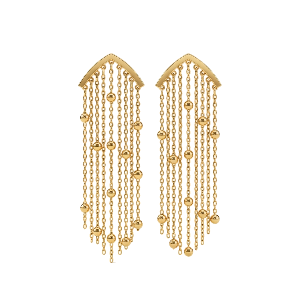 18K gold chevron waterfall tassel fringe drop earrings on pure white background