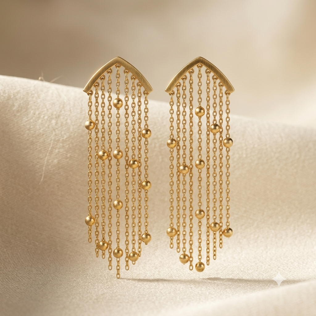 18K gold chevron waterfall tassel fringe drop earrings draped on luxury champagne silk