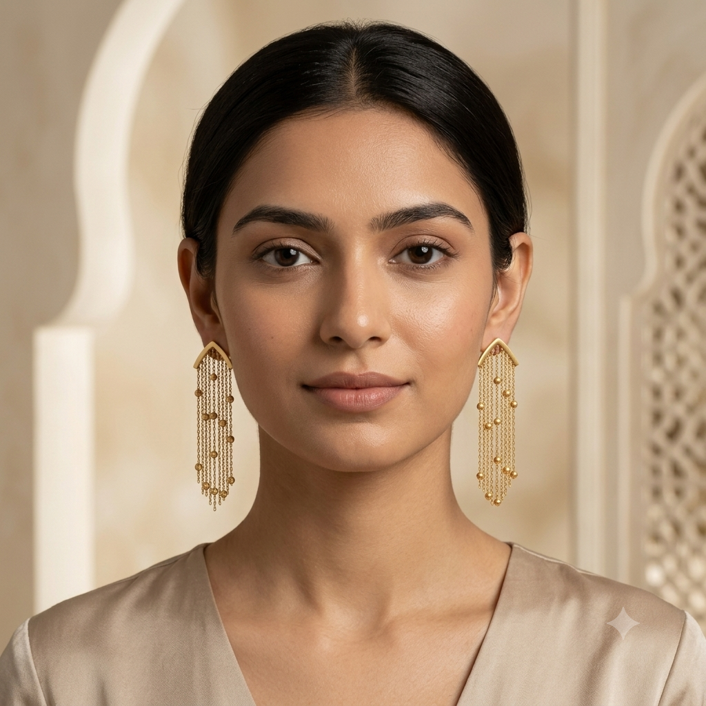 18K gold chevron waterfall tassel fringe drop earrings on model - editorial view