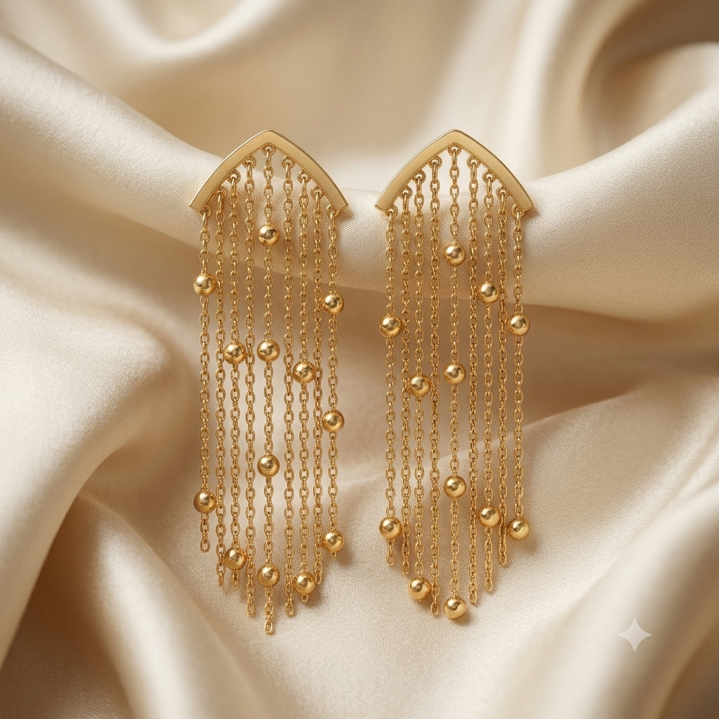 18K gold chevron waterfall tassel fringe drop earrings silk background close-up view