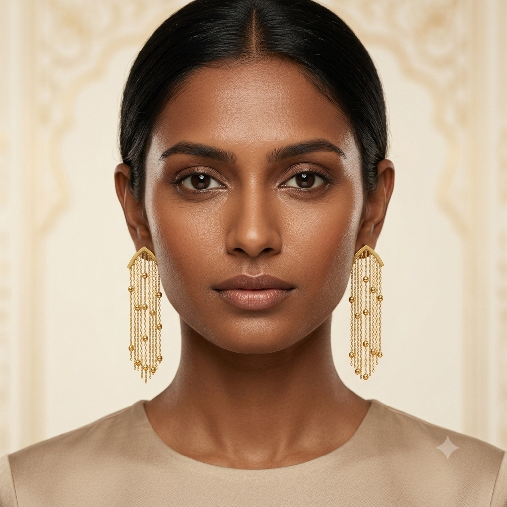 18K gold chevron waterfall tassel fringe drop earrings on model - portrait view